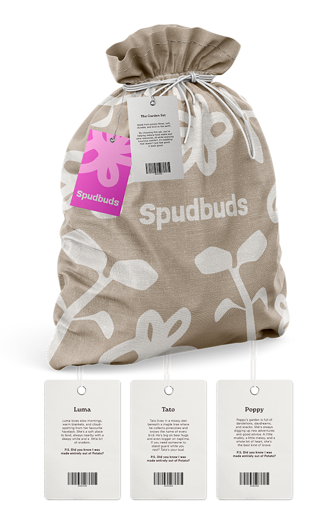 spudbuds bedding and plushies packaging